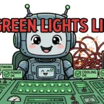 A cheerful robot at a control desk where every dashboard light is green while red wires spark and a server smokes behind it — green lights lie.