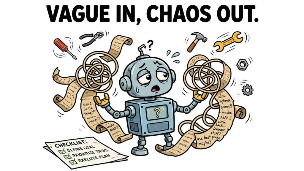 Cartoon robot illustration for prompt engineering for AI agents