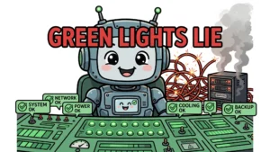 A cheerful robot at a control desk where every dashboard light is green while red wires spark and a server smokes behind it — green lights lie.