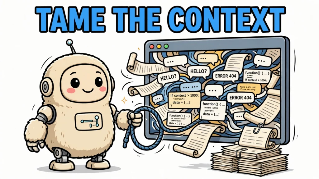 Featured cartoon illustration: a cheerful robot agent lassoing an overflowing context window of chat bubbles and scrolls, headline 'TAME THE CONTEXT'.