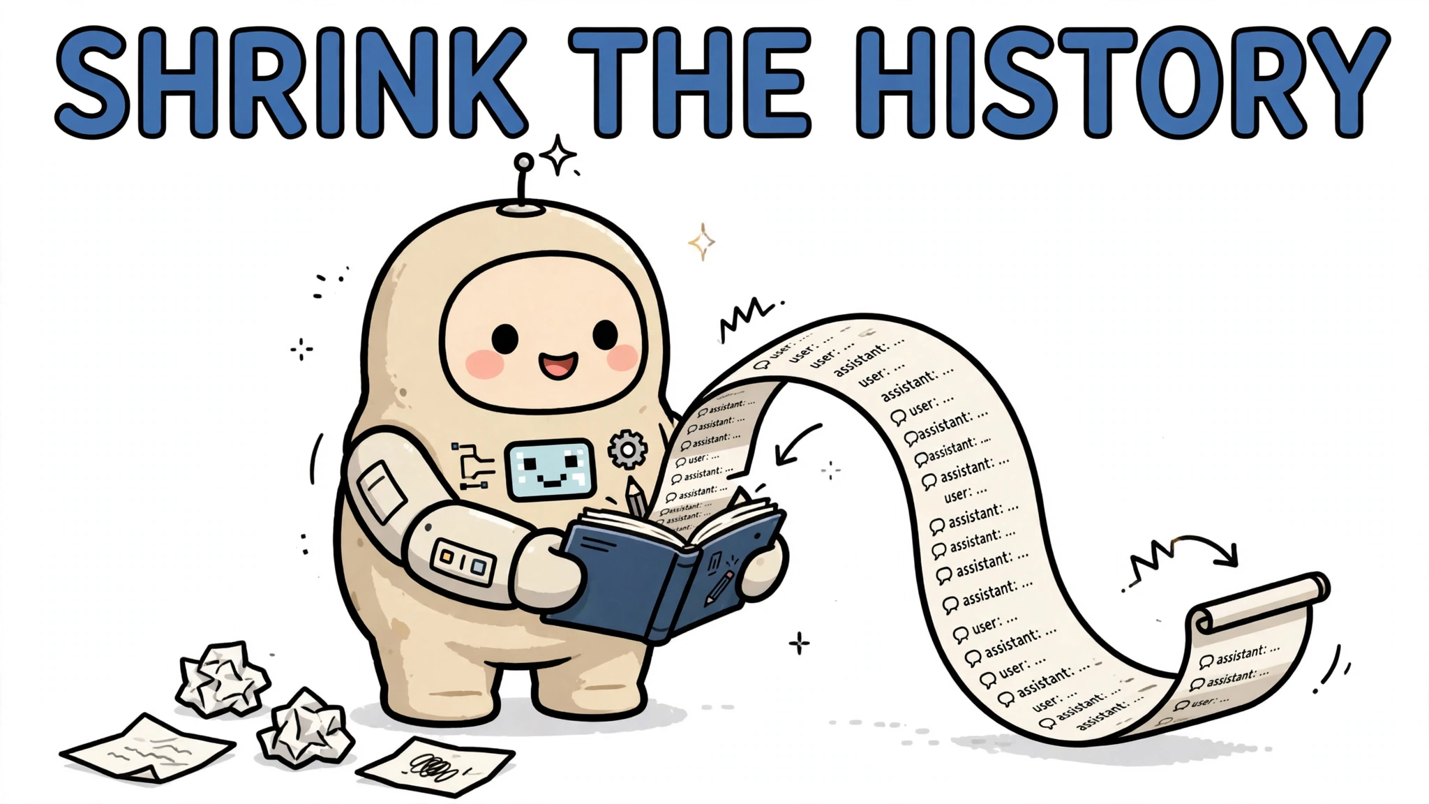 Cartoon illustration of an agent shrinking a long chat-history scroll into a small notebook, headline 'SHRINK THE HISTORY'.