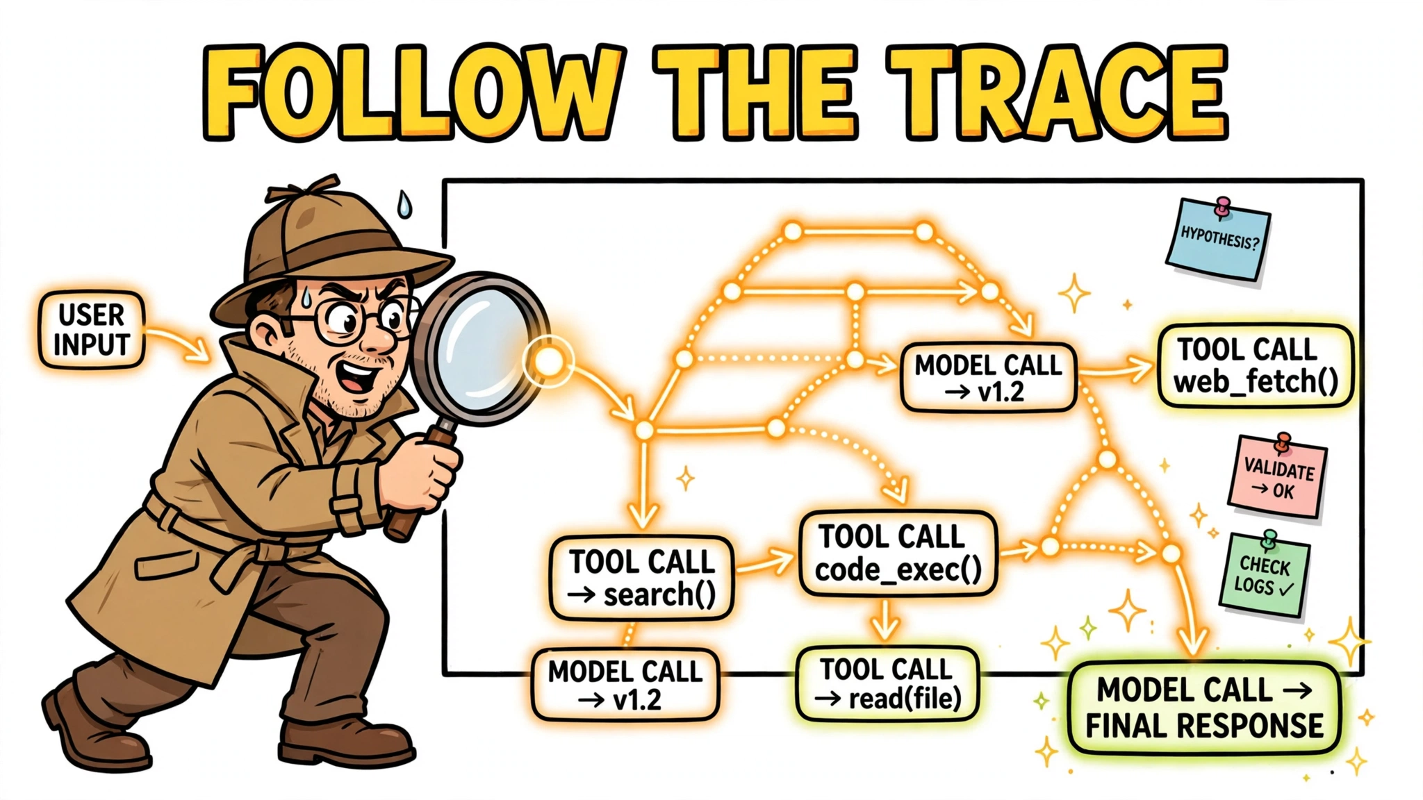 A cartoon detective with a magnifying glass follows a glowing trace tree of model calls and tool calls.