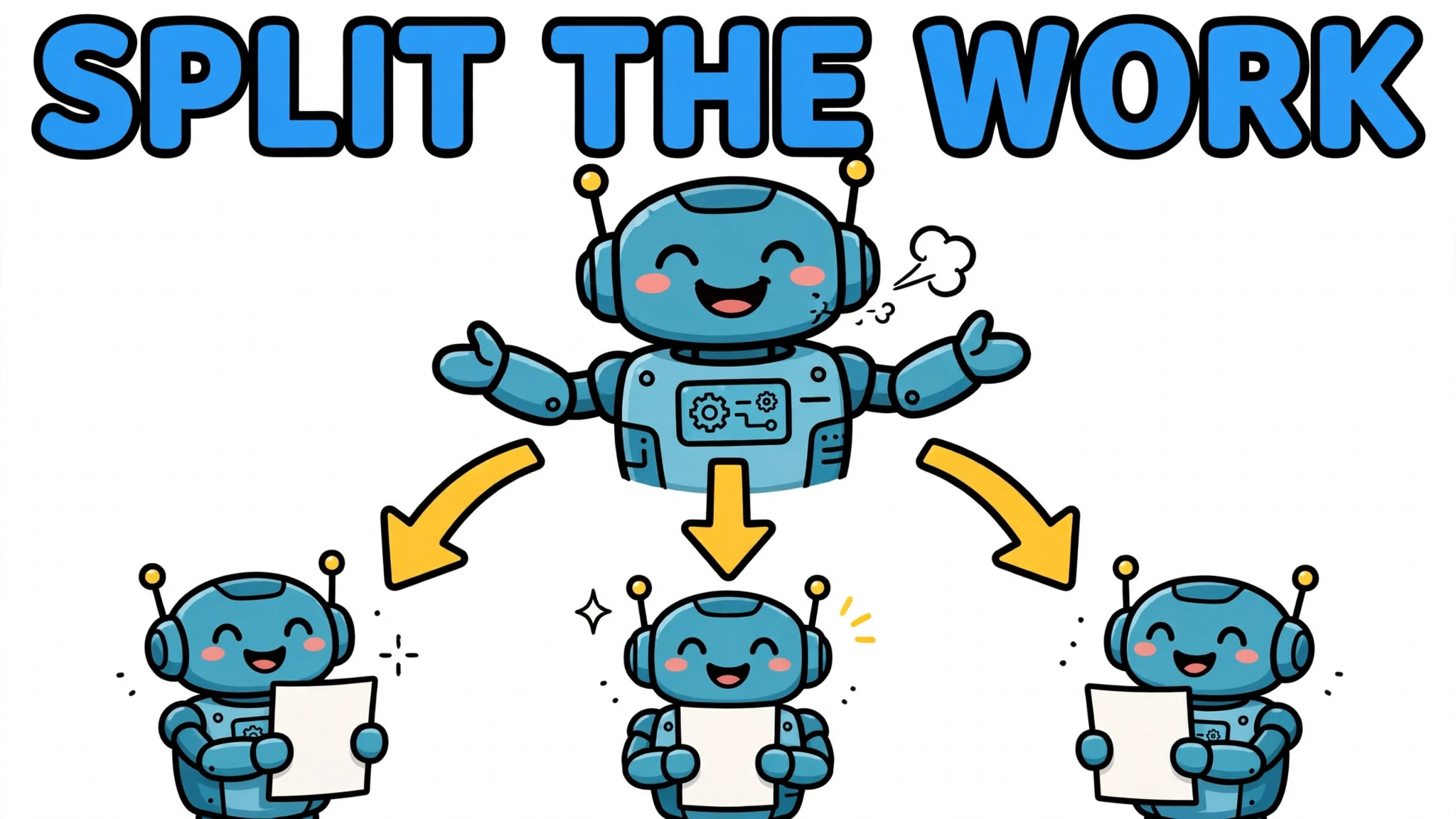 Cartoon illustration of one agent splitting into three smaller agents, each with a fresh blank page, headline 'SPLIT THE WORK'.