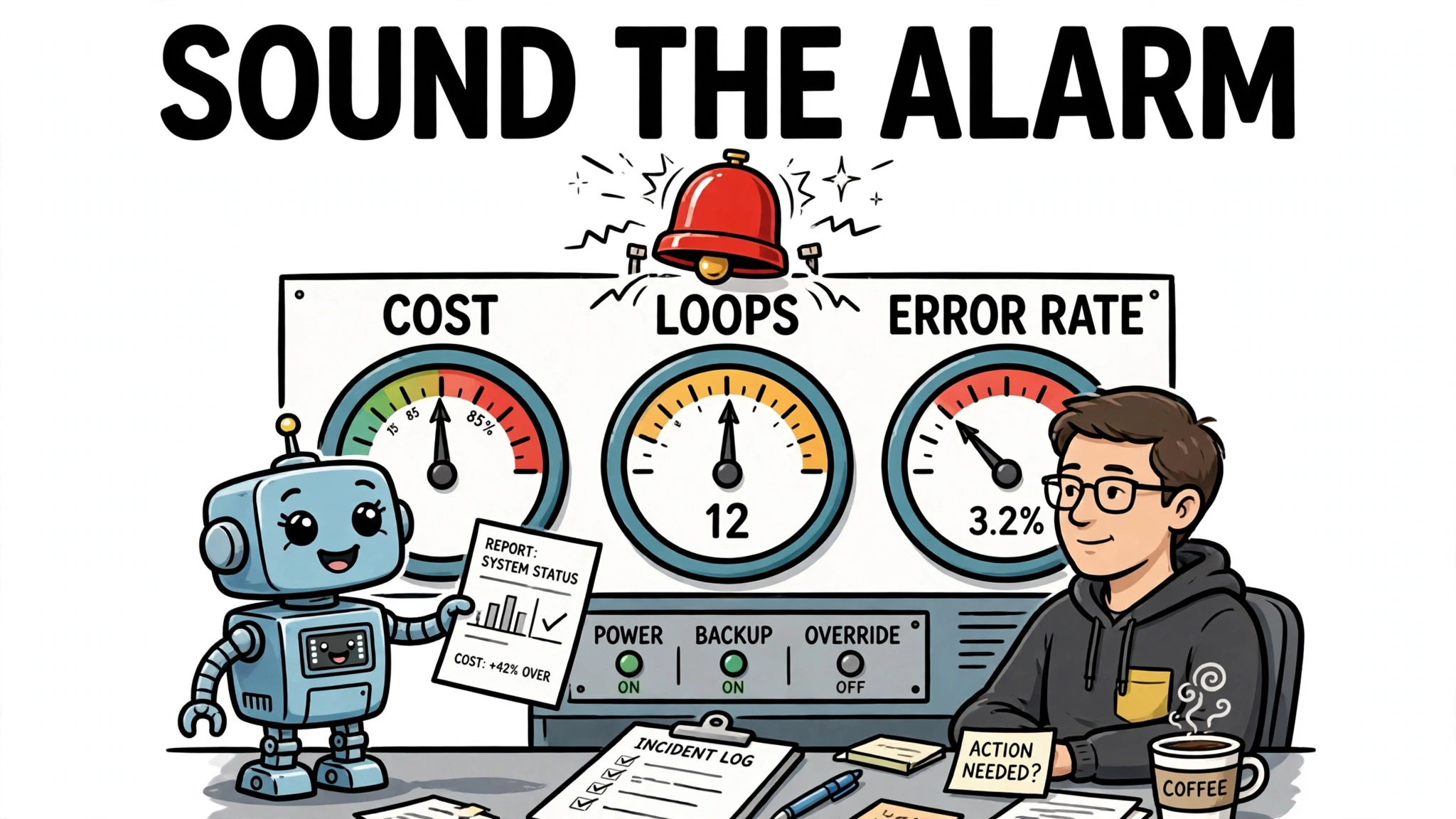 A robot hands a system status report to a human operator under a ringing red alarm bell, with cost, loops, and error rate gauges on the wall.