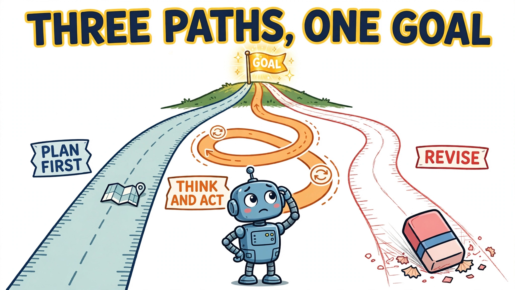 Cartoon robot at a three-way fork choosing between PLAN FIRST straight road, THINK AND ACT winding loop, and REVISE road with an eraser, all leading to a GOAL flag; headline THREE PATHS, ONE GOAL