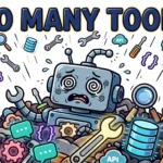 Cartoon robot buried under a pile of too many tool icons — wrenches, magnifying glasses, database cylinders, chat bubbles and API plugs raining down