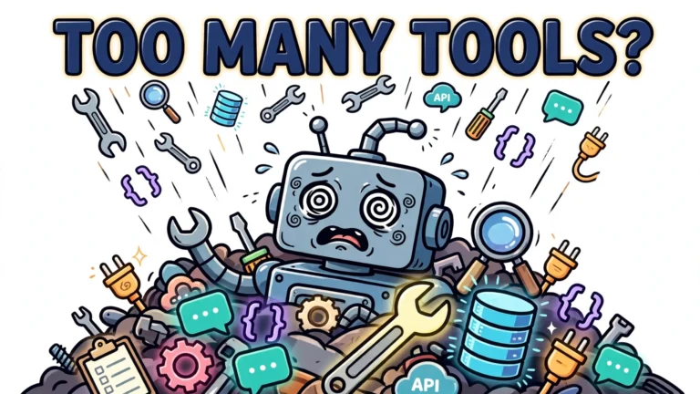 Cartoon robot buried under a pile of too many tool icons — wrenches, magnifying glasses, database cylinders, chat bubbles and API plugs raining down