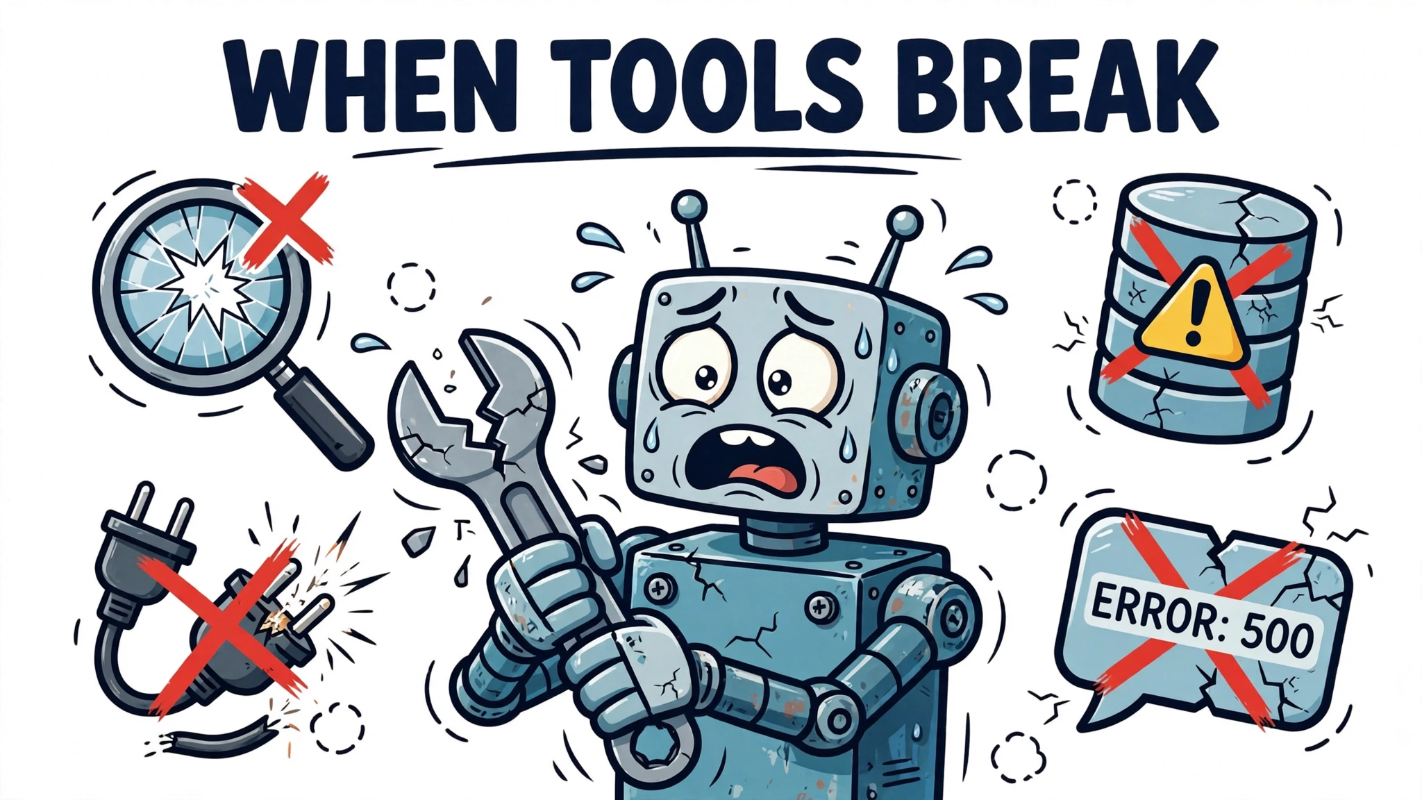 Panicked cartoon robot holding a snapped wrench surrounded by broken tool icons with red X marks