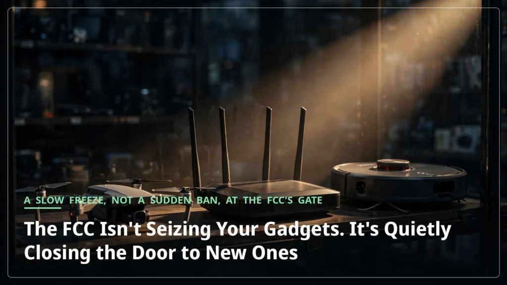 A drone, a home router and a robot vacuum on a moody shop shelf under a shaft of light