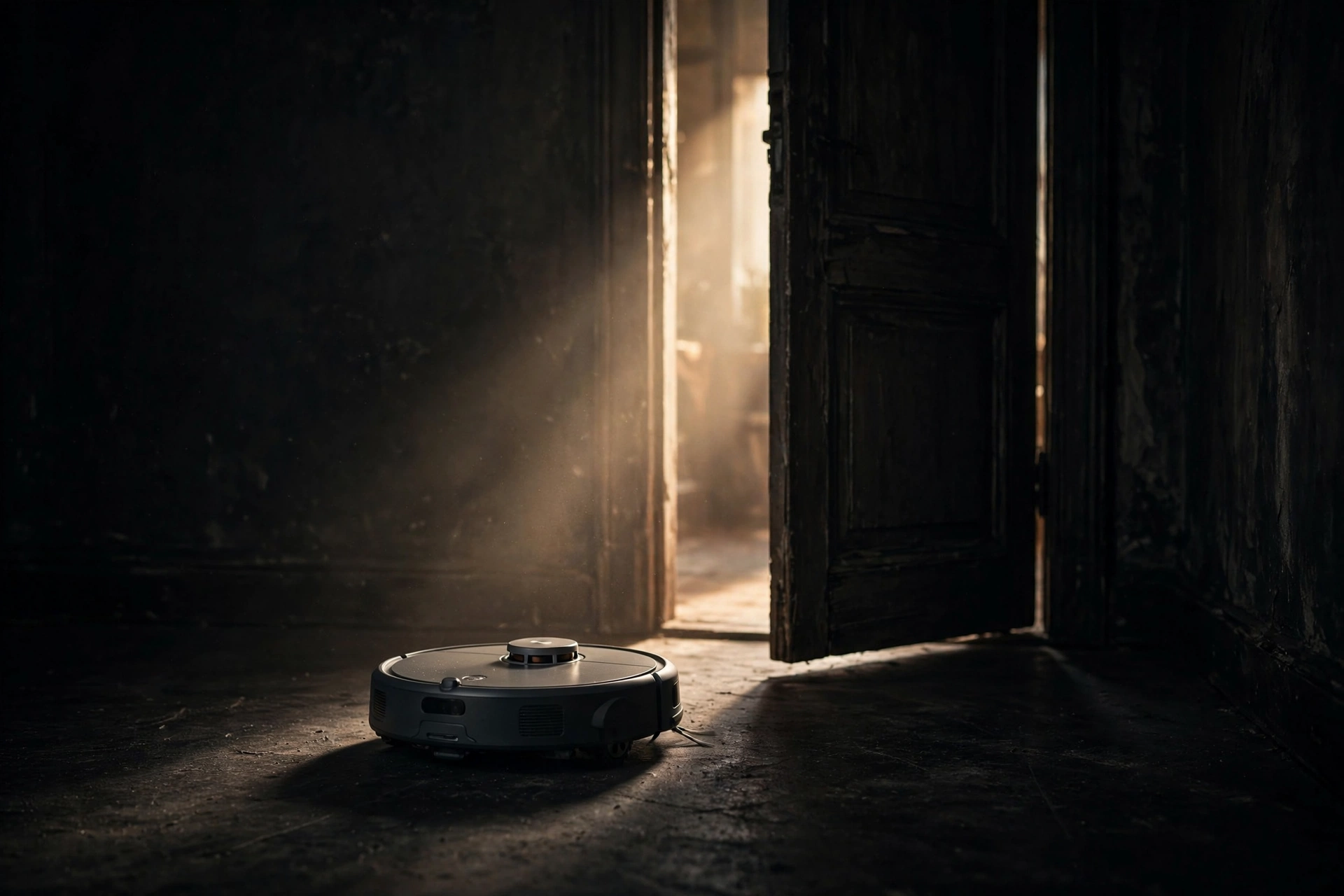 A robot vacuum approaching a narrow half-open doorway lit from beyond