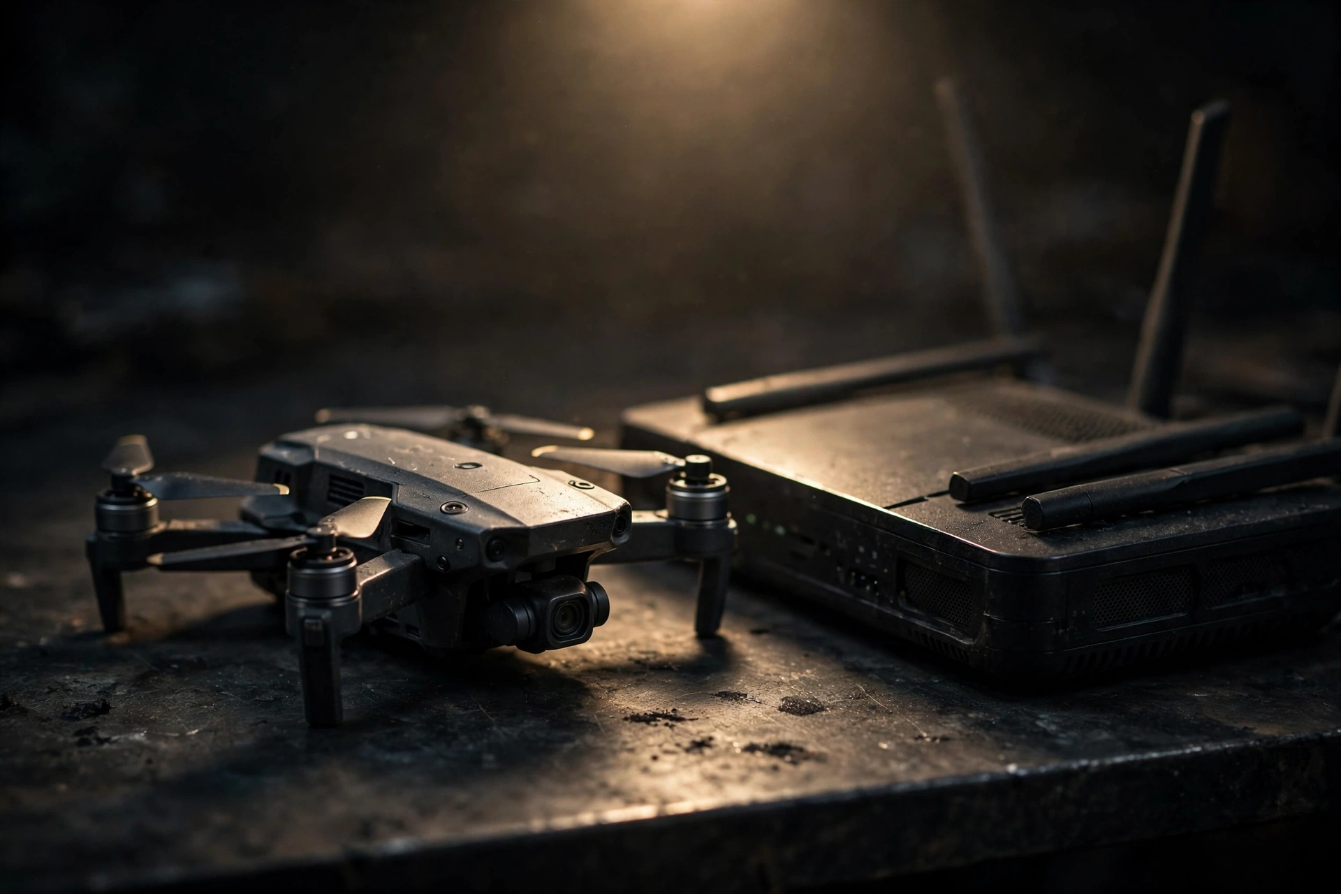 A drone and a router on a dark inspection bench under a spotlight