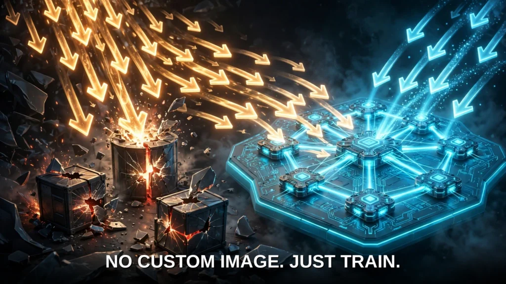 Cracking custom-built containers beside one large shared glowing platform absorbing training load across GPU nodes