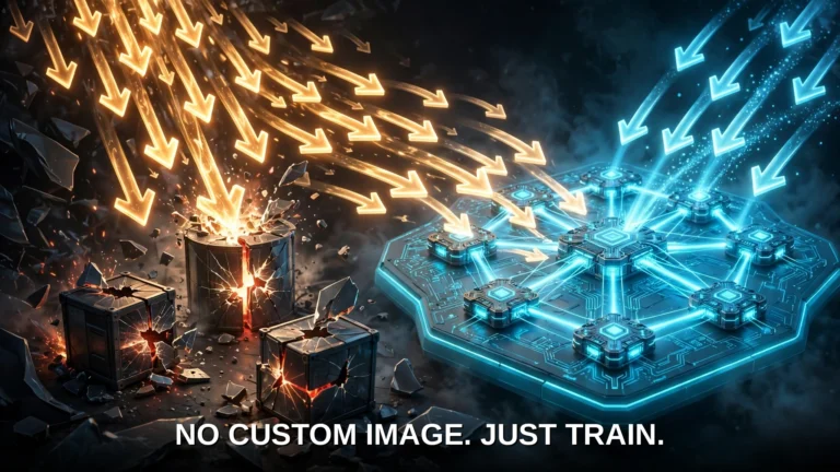 Cracking custom-built containers beside one large shared glowing platform absorbing training load across GPU nodes