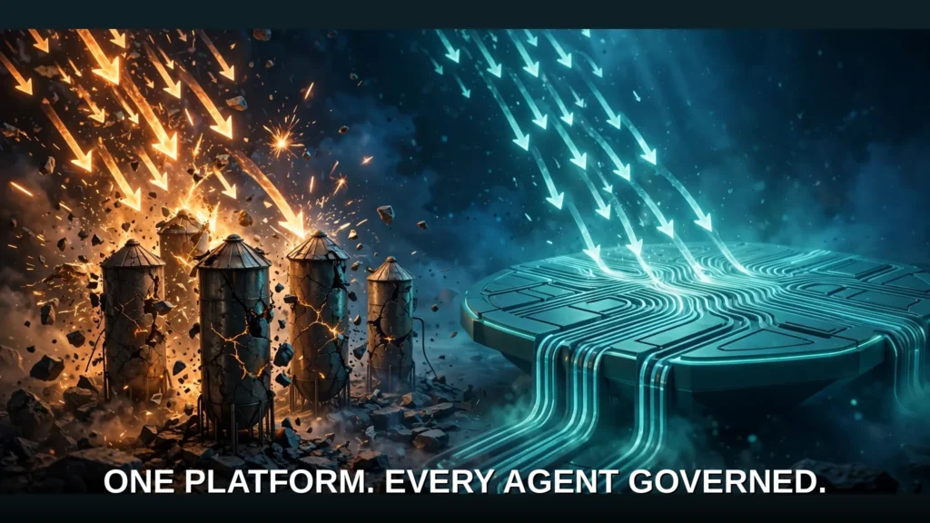 Cracking isolated silos under a flood of requests beside one large shared glowing platform absorbing the same flood calmly