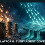 Cracking isolated silos under a flood of requests beside one large shared glowing platform absorbing the same flood calmly