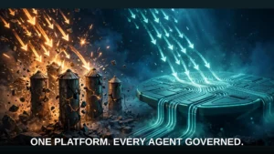 Cracking isolated silos under a flood of requests beside one large shared glowing platform absorbing the same flood calmly