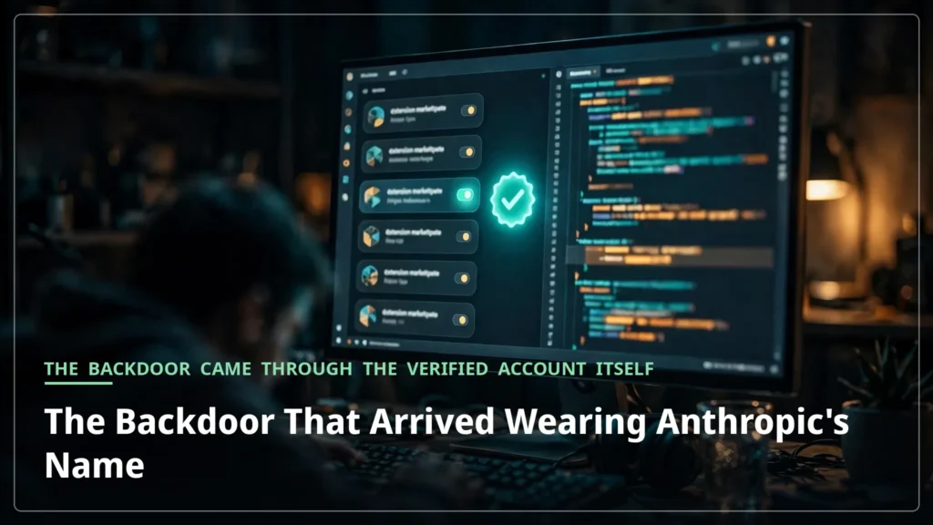 A dark developer workspace at night, a monitor glowing with an extension marketplace listing beside a luminous verified badge