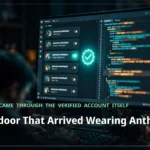 A dark developer workspace at night, a monitor glowing with an extension marketplace listing beside a luminous verified badge