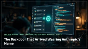 A dark developer workspace at night, a monitor glowing with an extension marketplace listing beside a luminous verified badge