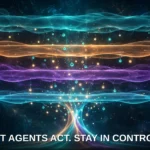 Four glowing layers of trust in depth, with agent orbs passing through them and emerging as one verified stream