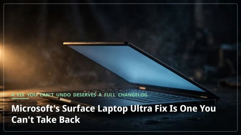 A sleek dark laptop half-open on a dark desk in a dim studio, its screen glowing with cold light.