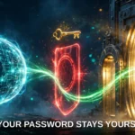 A glowing AI orb faces a bank vault: a golden key blocked by a red shield while a green token beam passes safely into the vault.