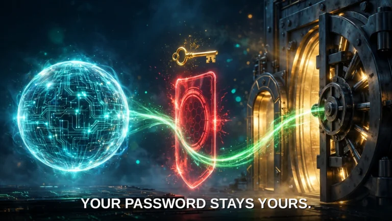 A glowing AI orb faces a bank vault: a golden key blocked by a red shield while a green token beam passes safely into the vault.