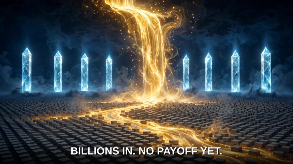 A golden river of AI investment pouring over a flat plain of grey blocks while glowing towers rise at the edge — billions spent, no financial payoff outside tech.