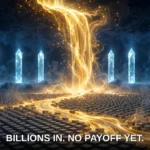 A golden river of AI investment pouring over a flat plain of grey blocks while glowing towers rise at the edge — billions spent, no financial payoff outside tech.