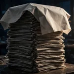 A towering stack of newspapers topped with an oversized blank invoice sheet on a dark newsroom desk, lit dramatically from the side