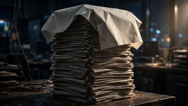 A towering stack of newspapers topped with an oversized blank invoice sheet on a dark newsroom desk, lit dramatically from the side