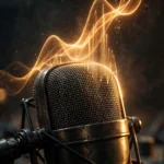 Broadcast microphone with a glowing amber waveform hologram in a dark studio — Chariot's speech AI price war