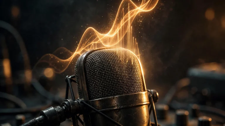 Broadcast microphone with a glowing amber waveform hologram in a dark studio — Chariot's speech AI price war