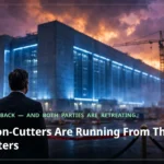 A politician at a ribbon-cutting ceremony at dusk, facing a massive glowing data center
