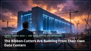 A politician at a ribbon-cutting ceremony at dusk, facing a massive glowing data center