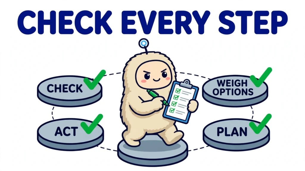 Cartoon AI agent checking each step of a decision-planning loop: check, weigh options, act, plan