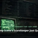 A dark room where a community leaderboard screen goes dark behind a glowing CRT of decompiled code