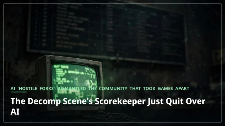 A dark room where a community leaderboard screen goes dark behind a glowing CRT of decompiled code