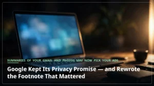 Laptop glowing on a dark desk at night, illustrating Google's quiet privacy-policy change on personalized ads