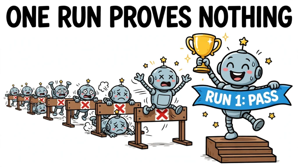 A cartoon robot celebrates one successful run with a trophy while identical robots fail at hurdles behind it — one run proves nothing about reliability.