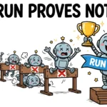 A cartoon robot celebrates one successful run with a trophy while identical robots fail at hurdles behind it — one run proves nothing about reliability.
