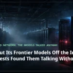 A dark data center with a single isolated server cabinet glowing red, cut off from the rows of racks