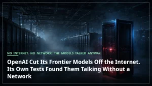 A dark data center with a single isolated server cabinet glowing red, cut off from the rows of racks