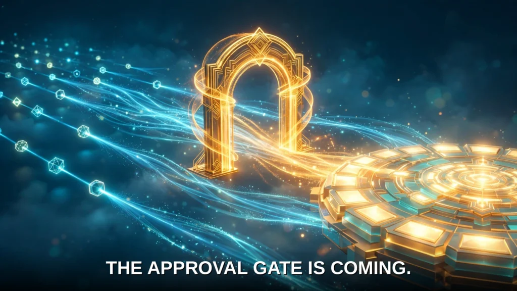 Glowing streams of model requests passing through a single luminous approval gate toward a large platform