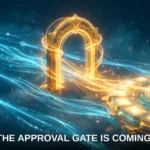 Glowing streams of model requests passing through a single luminous approval gate toward a large platform