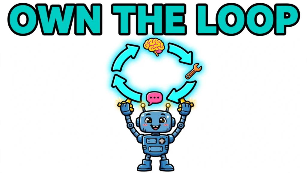 Cartoon robot proudly holding up a glowing circular agent loop, headline OWN THE LOOP