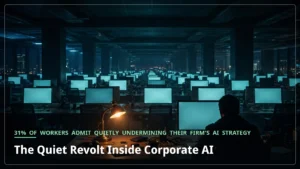 The Quiet Revolt Inside Corporate AI — cinematic night-office cover illustration