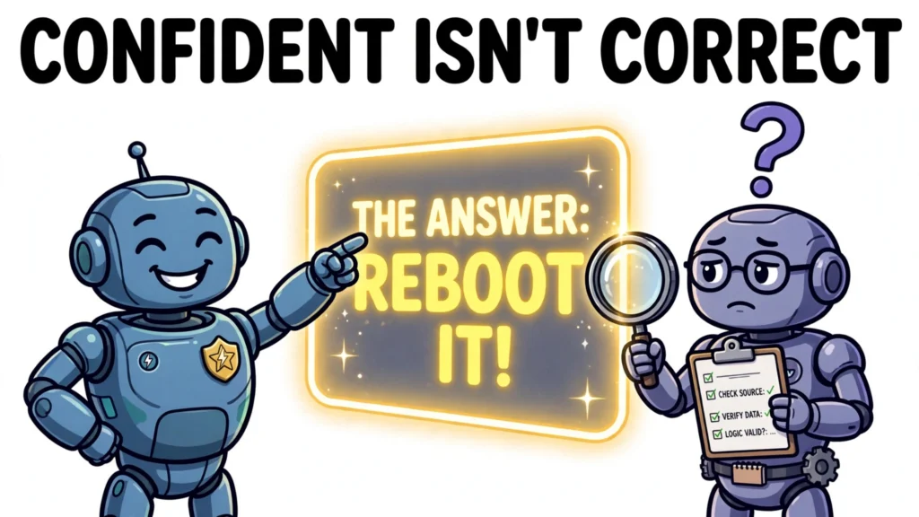 Confident robot pointing at an answer while a careful robot checks it with a checklist and magnifying glass