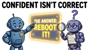 Confident robot pointing at an answer while a careful robot checks it with a checklist and magnifying glass