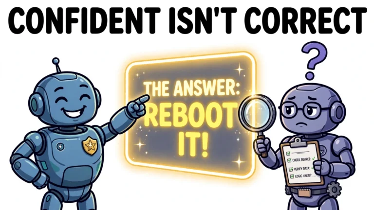 Confident robot pointing at an answer while a careful robot checks it with a checklist and magnifying glass